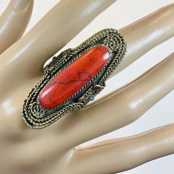 Jewelry - Afghan Ring, Kuchi, Red Stone, Vintage, Size 10 1/2, Red Jasper, Long, Ethnic